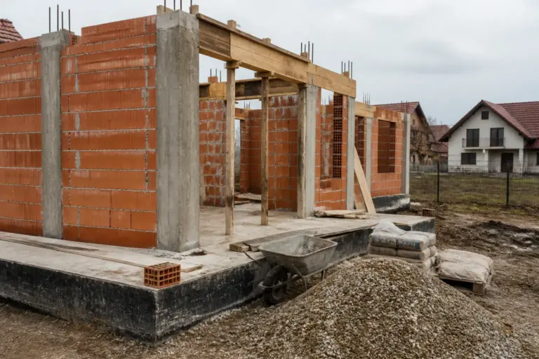 O casă în stadiu incipient de construcție, cu pereți din cărămidă roșie și stâlpi din beton